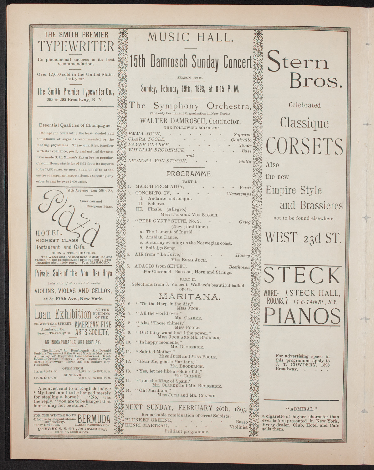 Damrosch Sunday Concert, February 19, 1893, program page 4