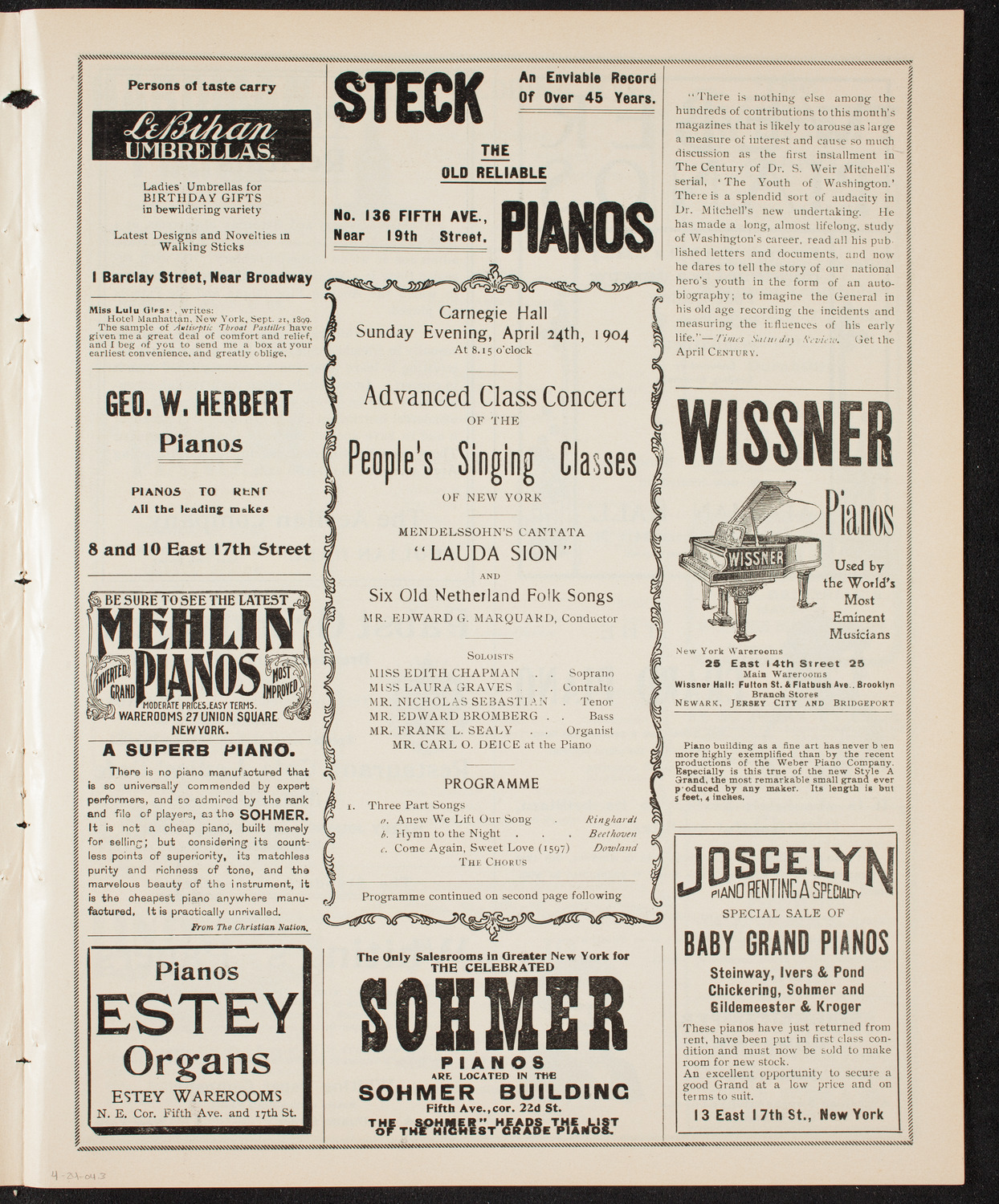 People's Singing Classes, April 24, 1904, program page 5