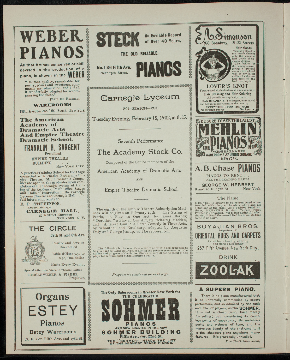 Academy Stock Company of the American Academy of Dramatic Arts and Empire Theatre Dramatic School, February 18, 1902, program page 2