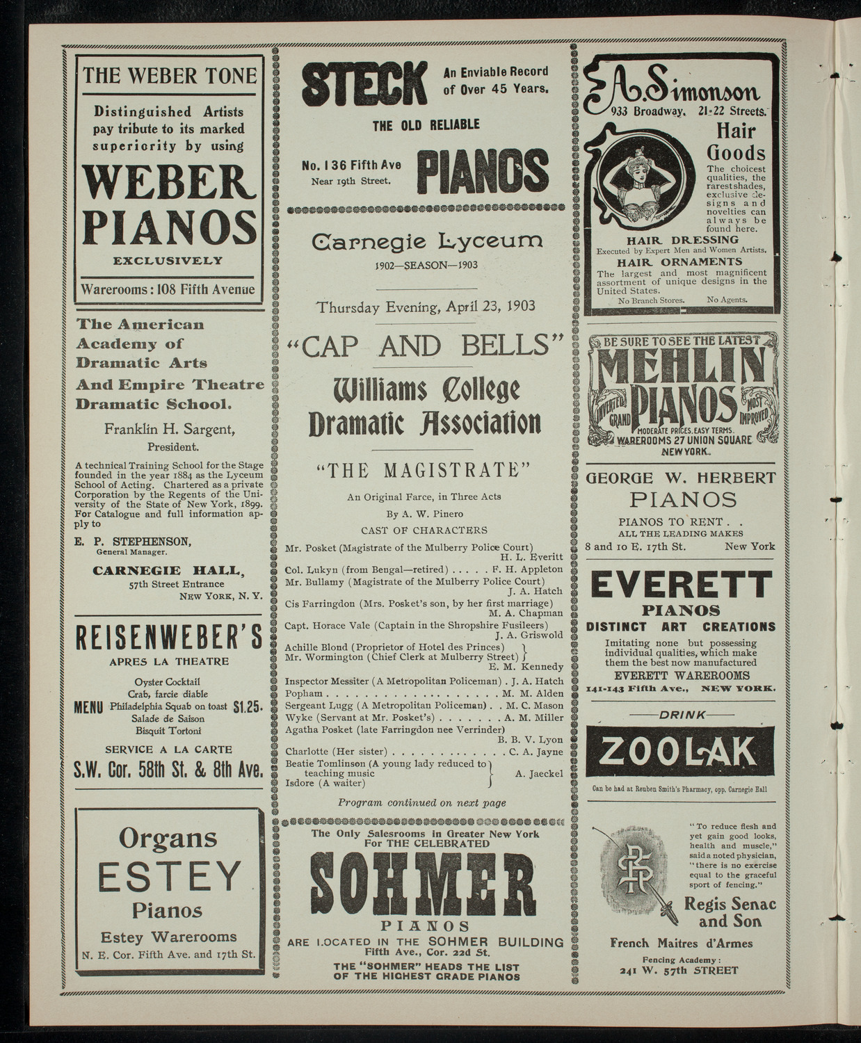 Williams College Dramatic Association, April 23, 1903, program page 2