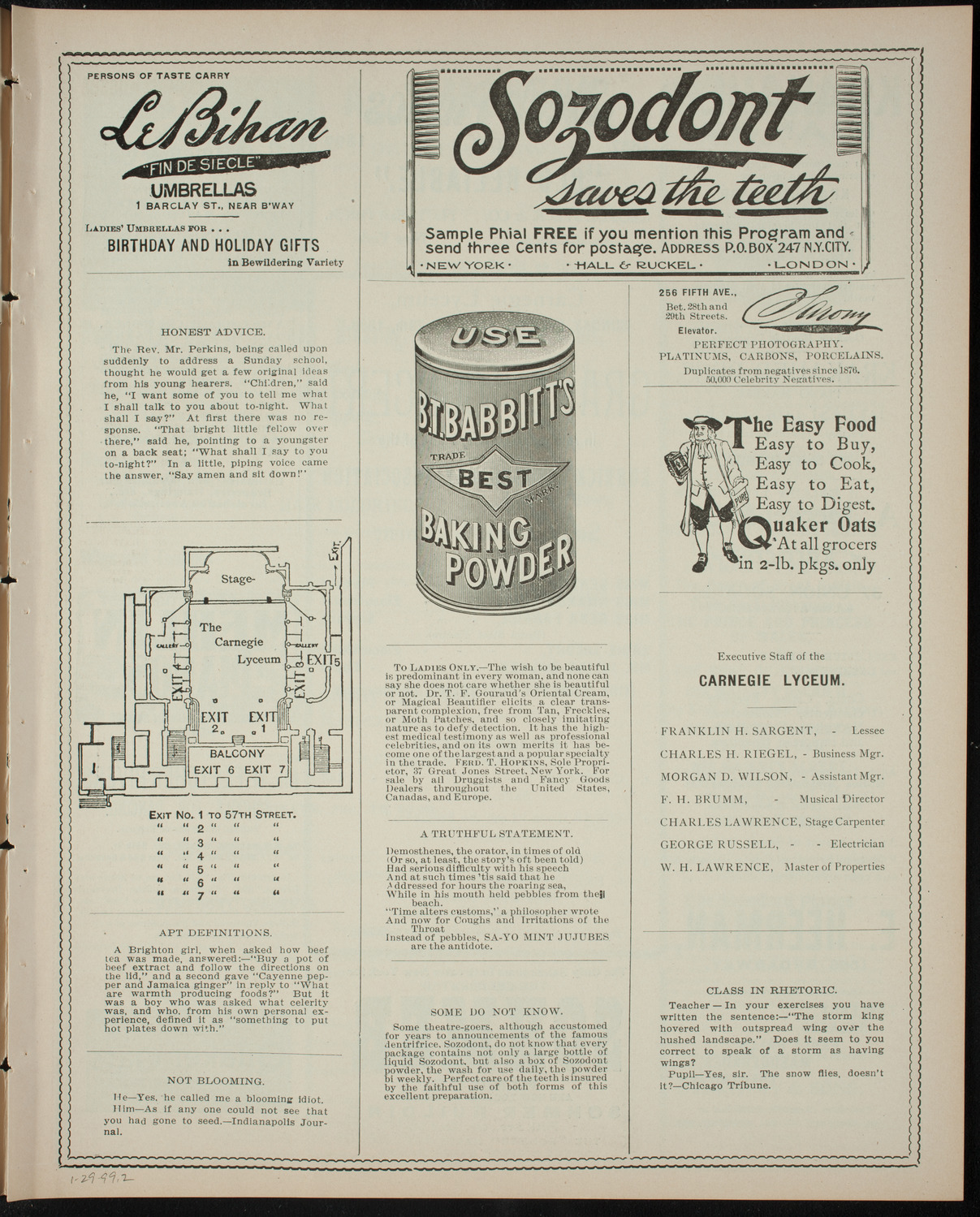 Saul Brant and Others/ Benefit: Kurnick Benevolent Association, January 29, 1899, program page 3