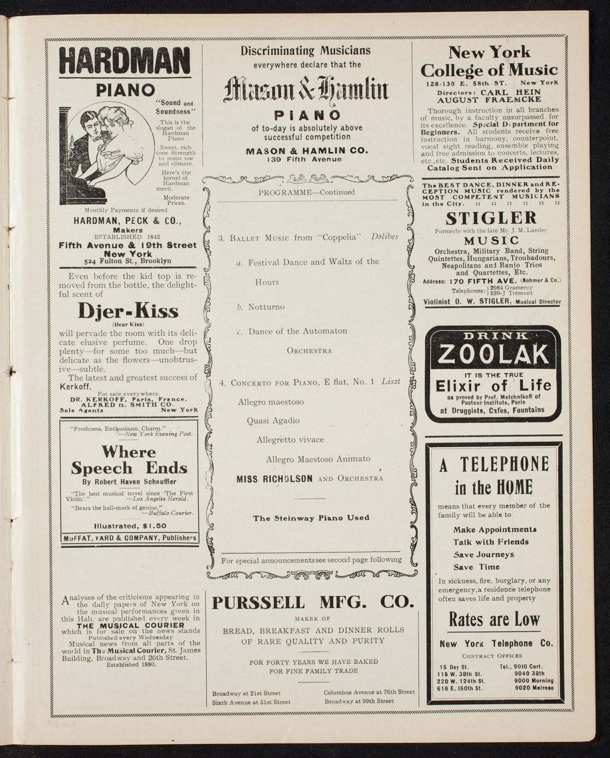 Edna Richolson with New York Symphony Orchestra, November 9, 1906, program page 7