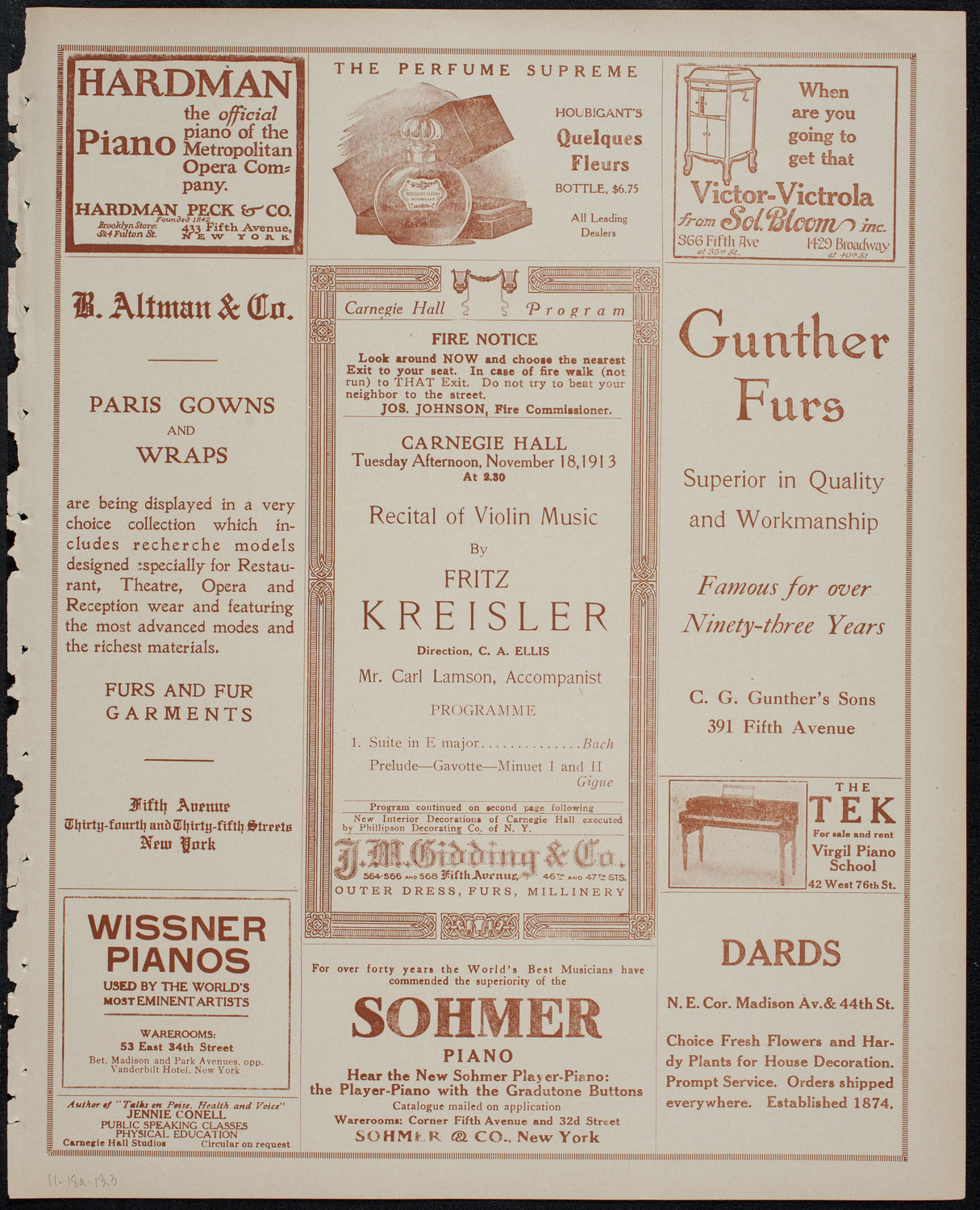 Fritz Kreisler, Violin, November 18, 1913, program page 5