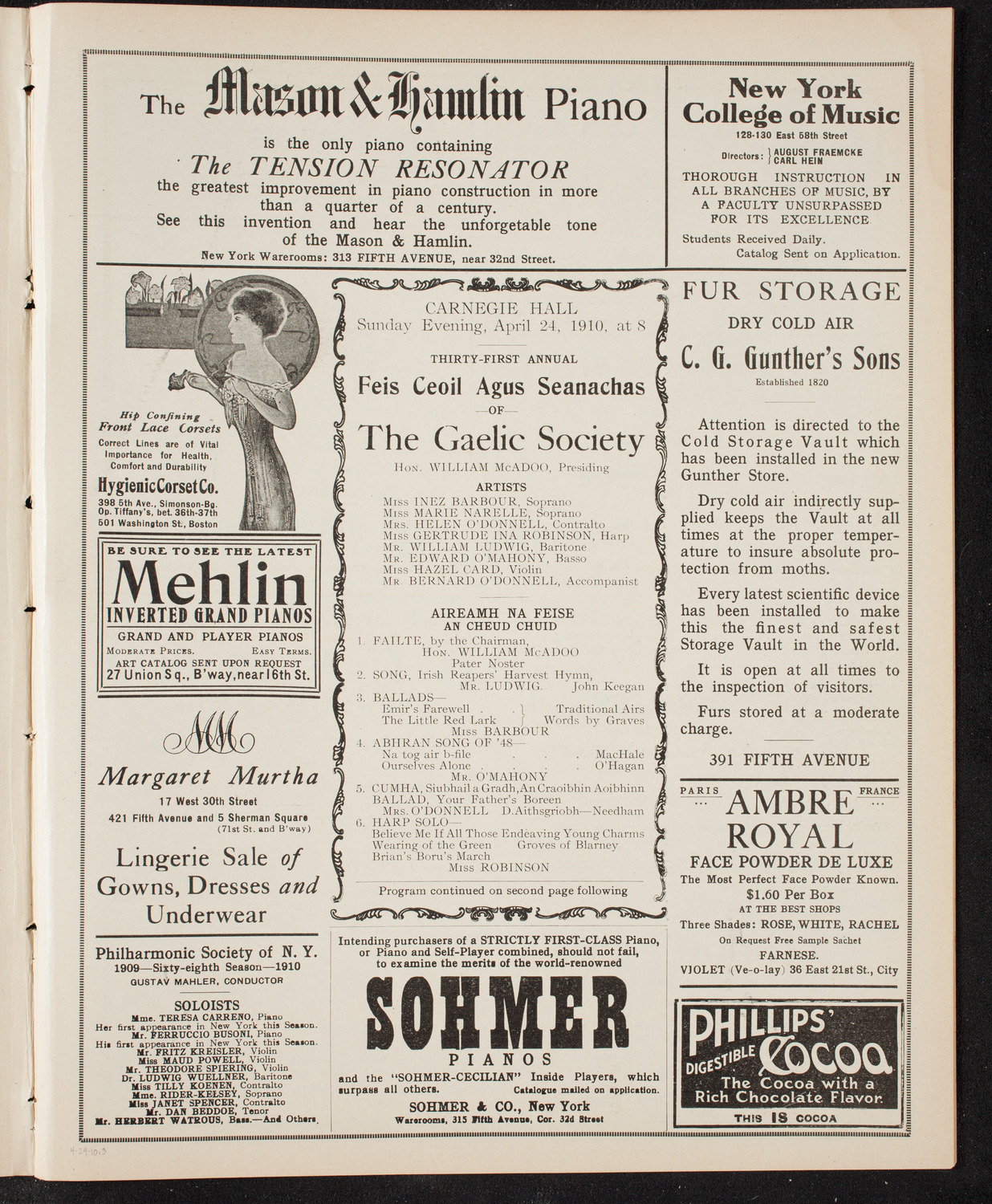 Gaelic Society: Feis Ceoil Agus Seanachas, April 24, 1910, program page 5