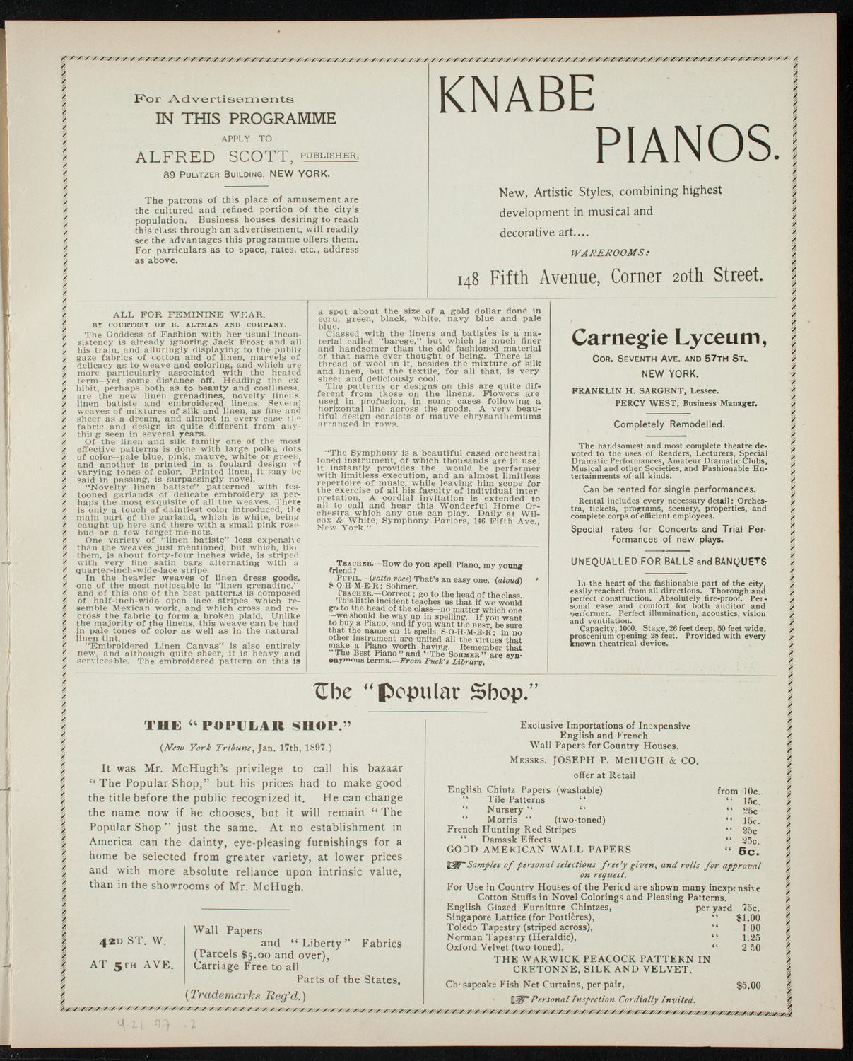 New York Banks' Glee Club, April 21, 1897, program page 3