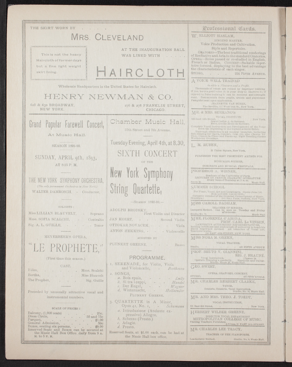 Damrosch Sunday Concert, April 2, 1893, program page 2