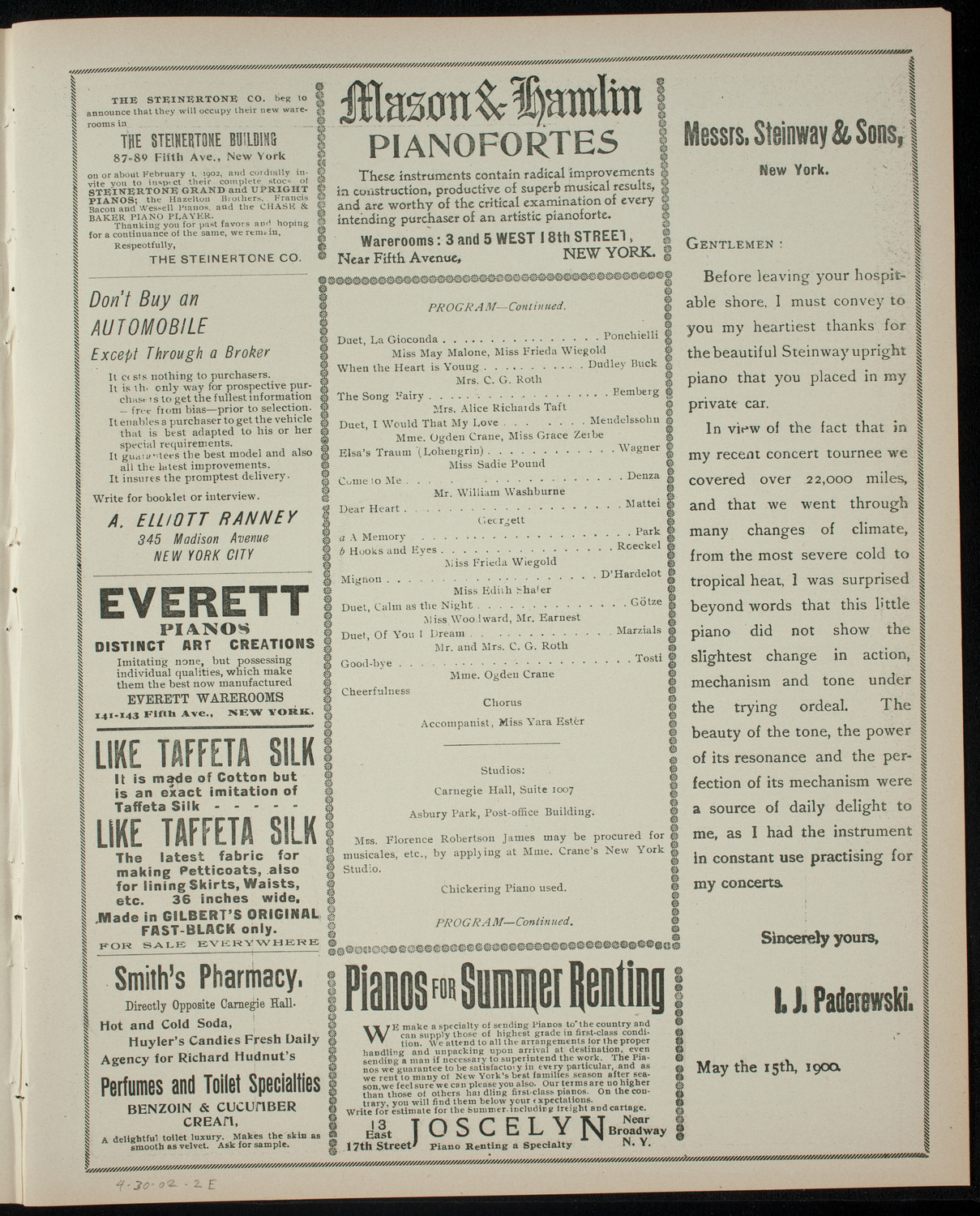 Seventeenth Annual Concert by the Pupils of Mme. Ogden Crane, April 30, 1902, program page 3