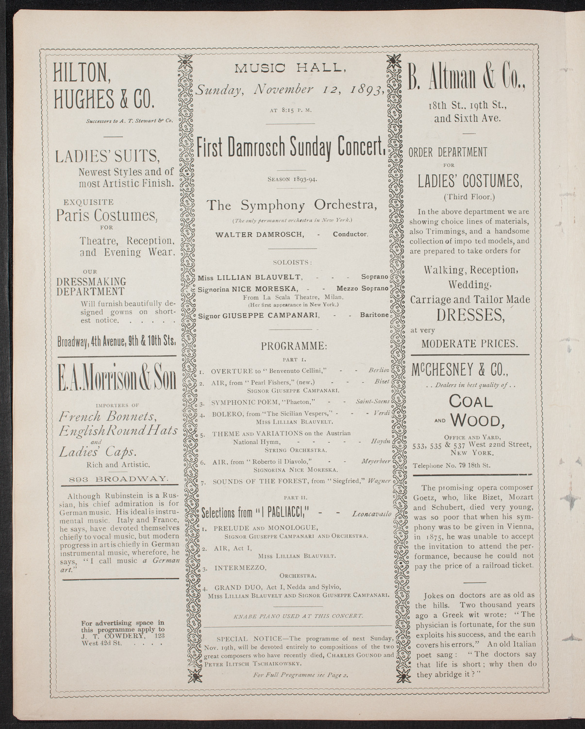 Damrosch Sunday Concert, November 12, 1893, program page 4