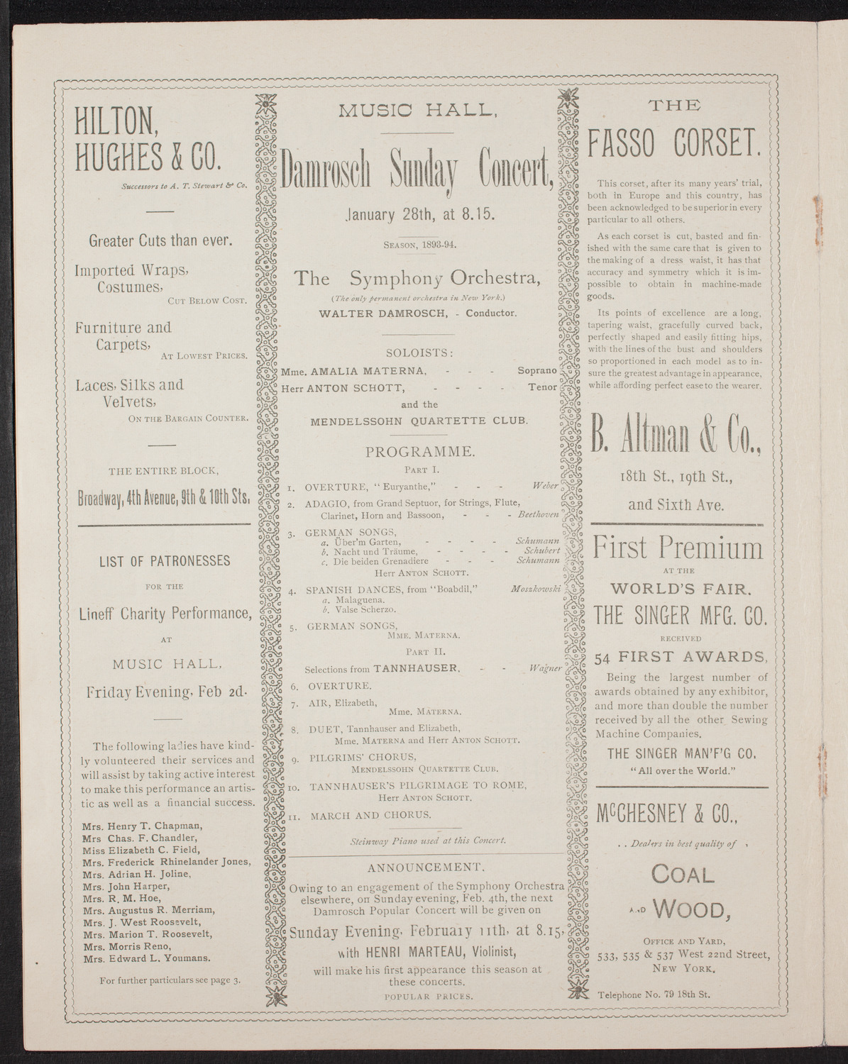 Damrosch Sunday Concert, January 28, 1894, program page 4