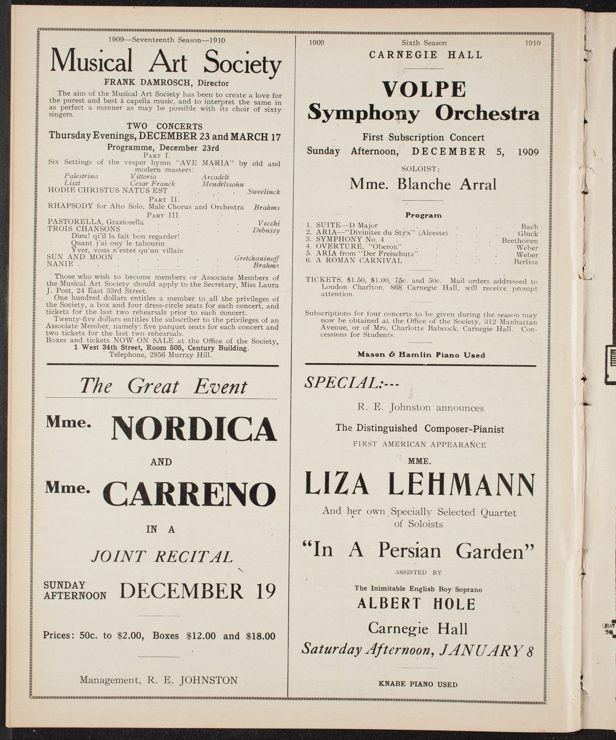 Teresa Carreño, Piano, December 4, 1909, program page 10