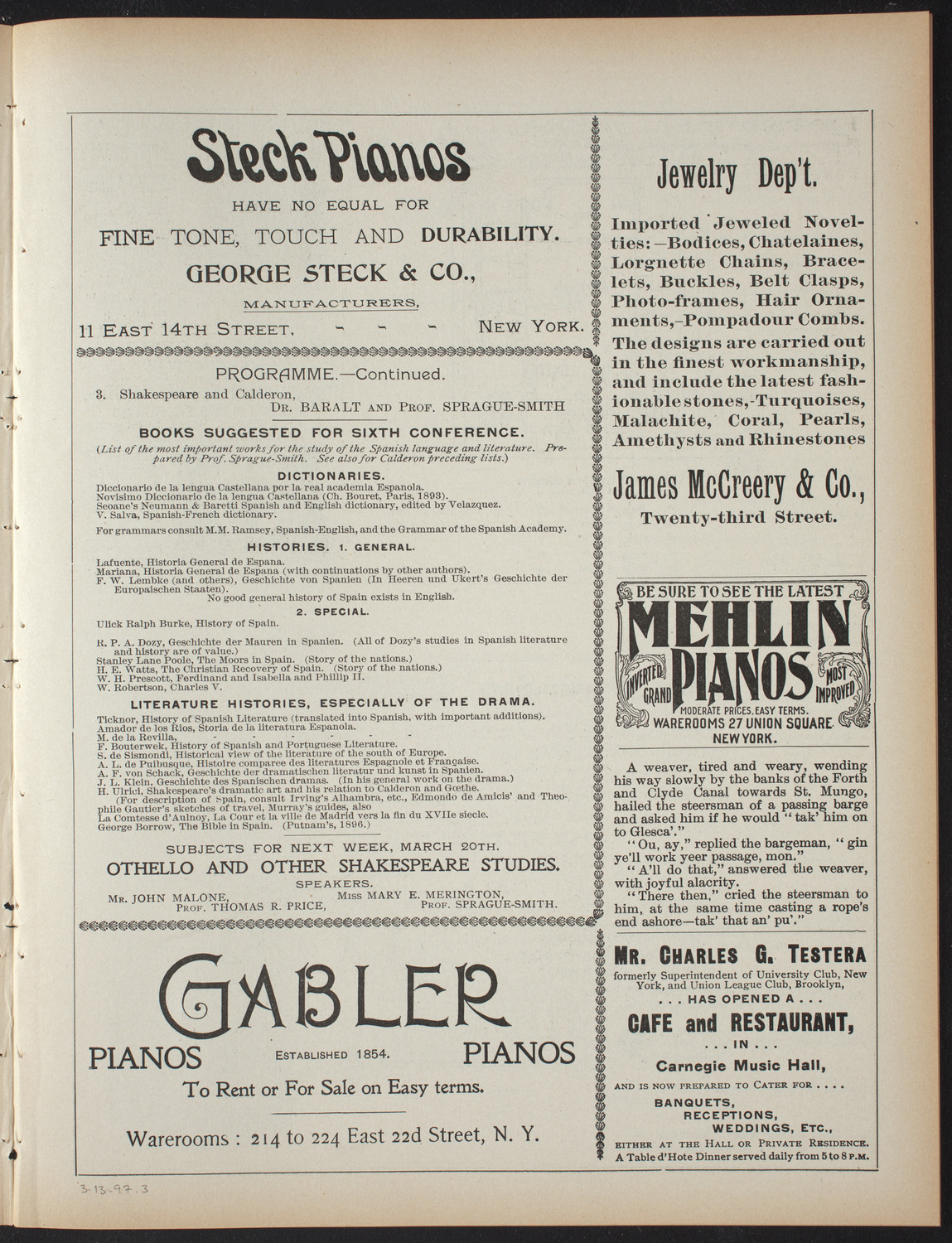 Saturday Morning Conferences on Comparative Literature, March 13, 1897, program page 5