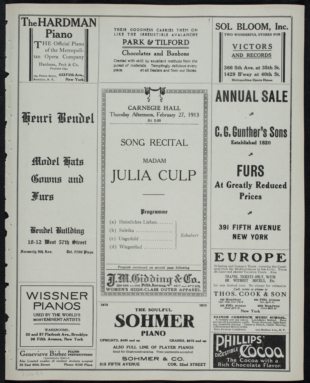 Julia Culp, Contralto, February 27, 1913, program page 5