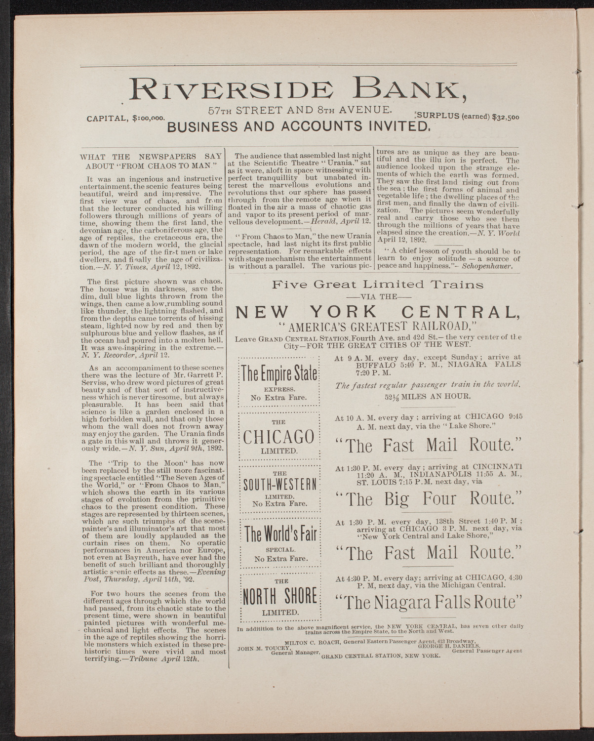 Urania Scientific Theatre, April 30, 1892, program page 8