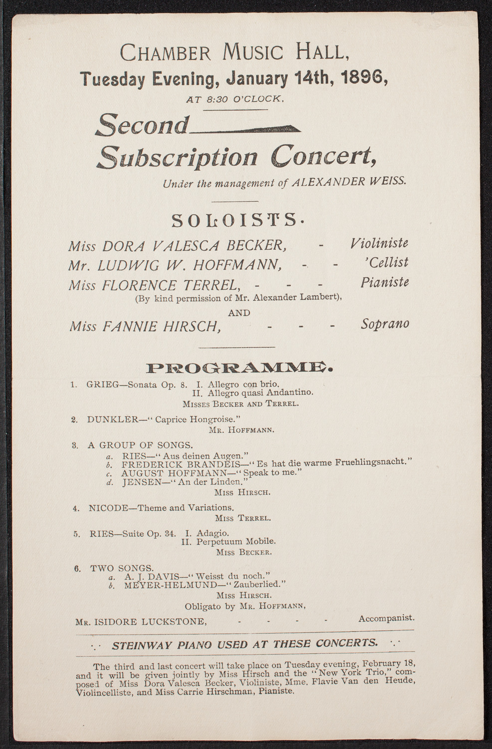 Dora Valesca Becker, Ludwig W. Hoffmann, Florence Terrell, and Fannie Hirsch, January 14, 1896, program page 1