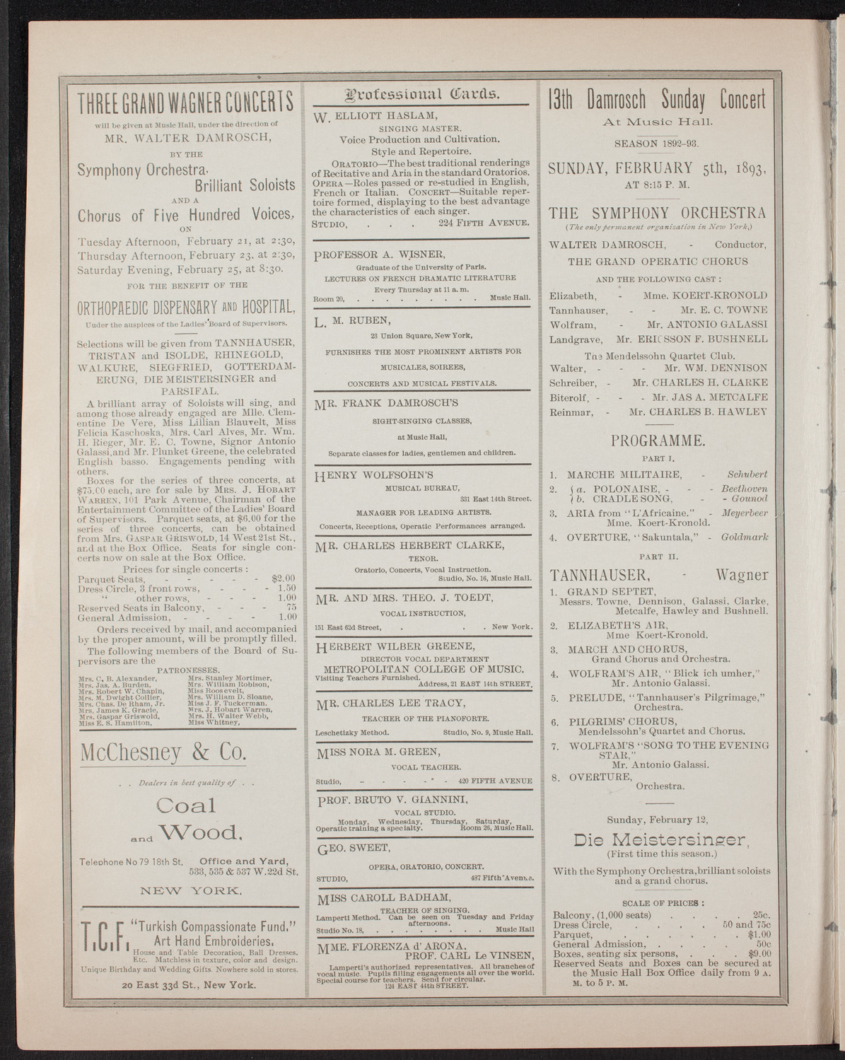 Benefit: German Hospital and Dispensary, January 30, 1893, program page 2