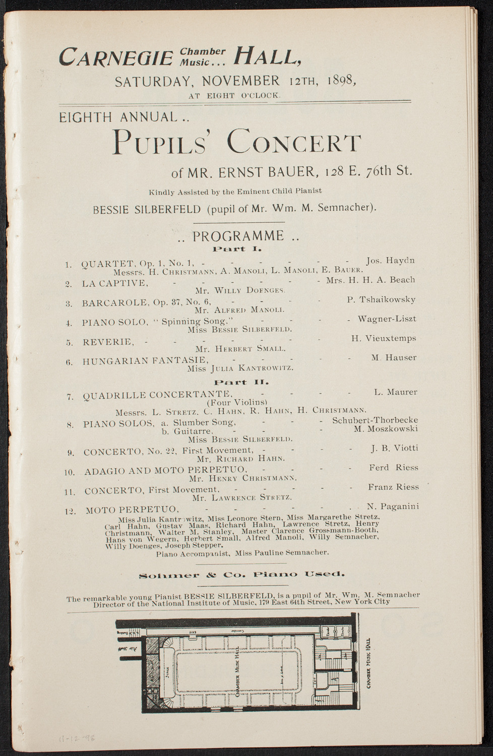 Students of Ernst Bauer, November 12, 1898, program page 1