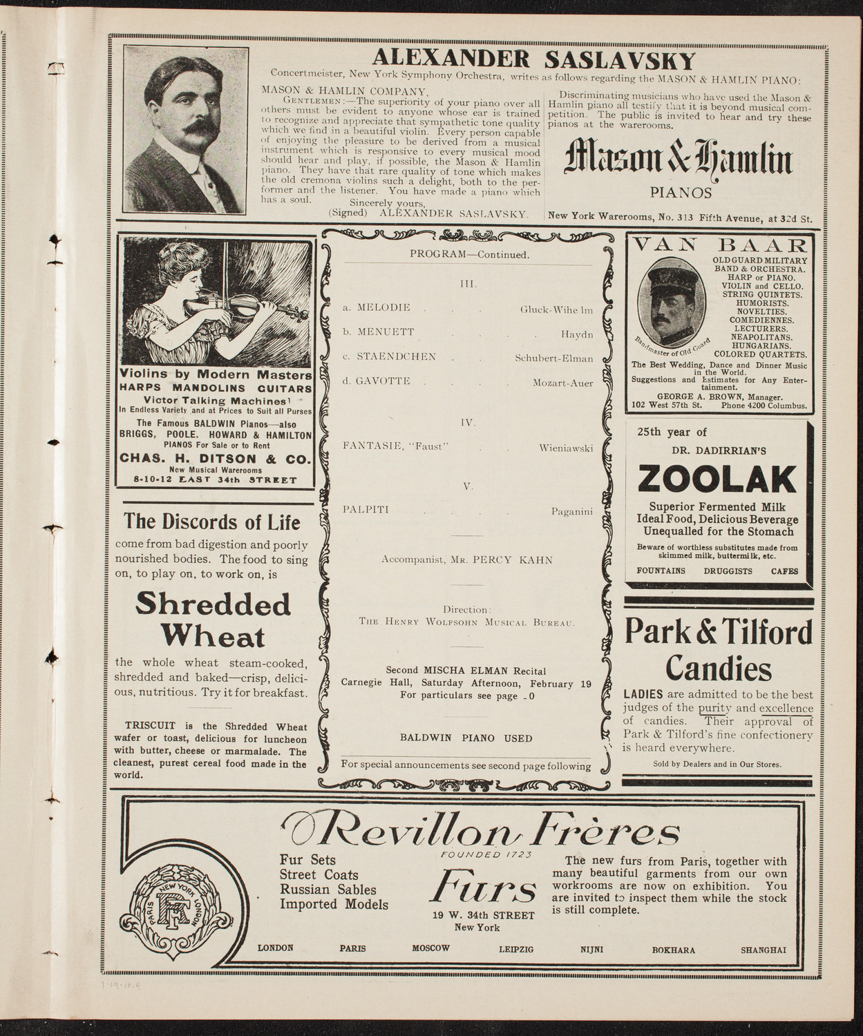Mischa Elman, Violin, January 19, 1910, program page 7