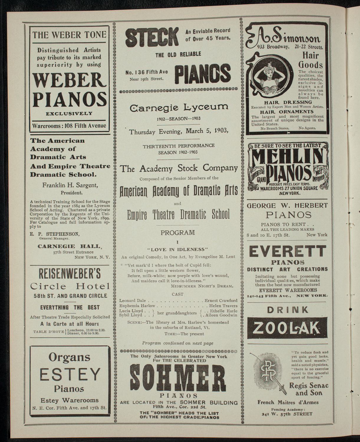 Academy Stock Company of the American Academy of Dramatic Arts/Empire Theatre Dramatic School, March 5, 1903, program page 2