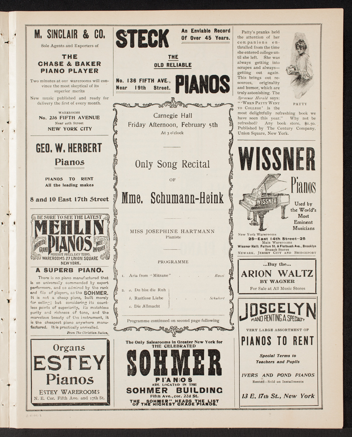 Ernestine Schumann-Heink, Mezzo-Soprano, February 5, 1904, program page 5