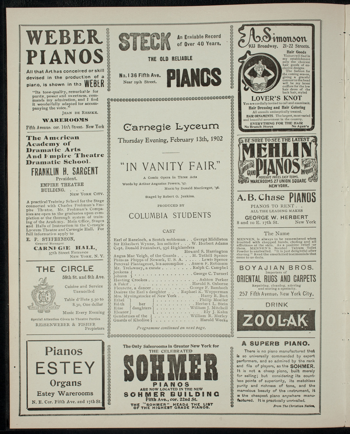 Columbia University Varsity Show, February 13, 1902, program page 2