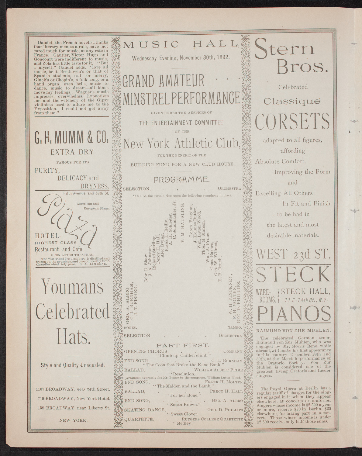 New York Athletic Club Minstrel Show, November 30, 1892, program page 4