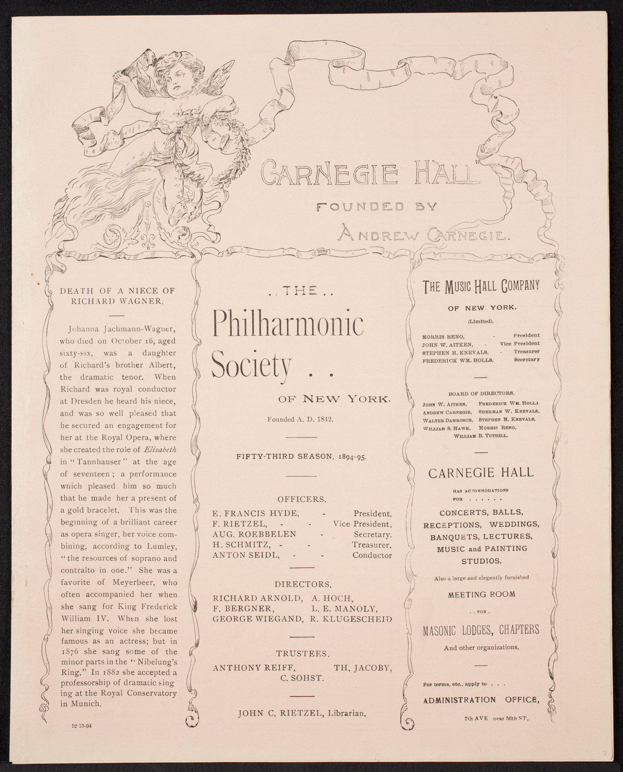 New York Philharmonic, December 15, 1894, program page 1