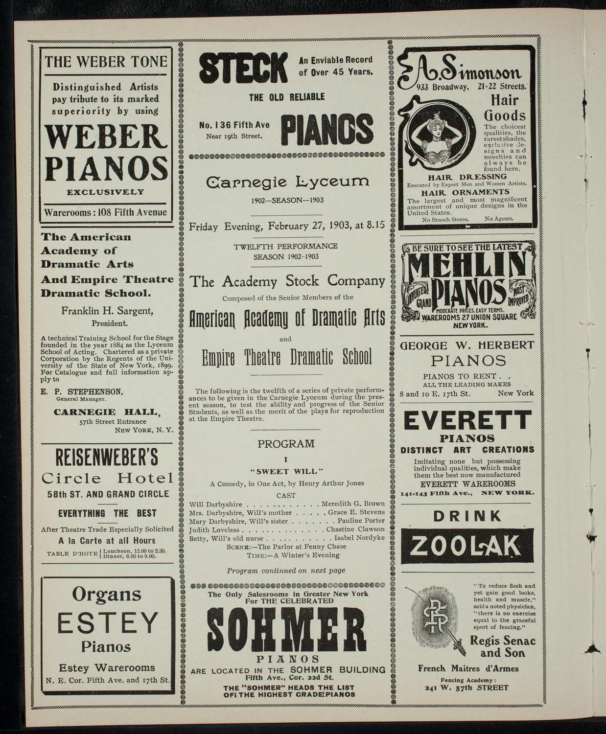 Academy Stock Company of the American Academy of Dramatic Arts/Empire Theatre Dramatic School, February 27, 1903, program page 2