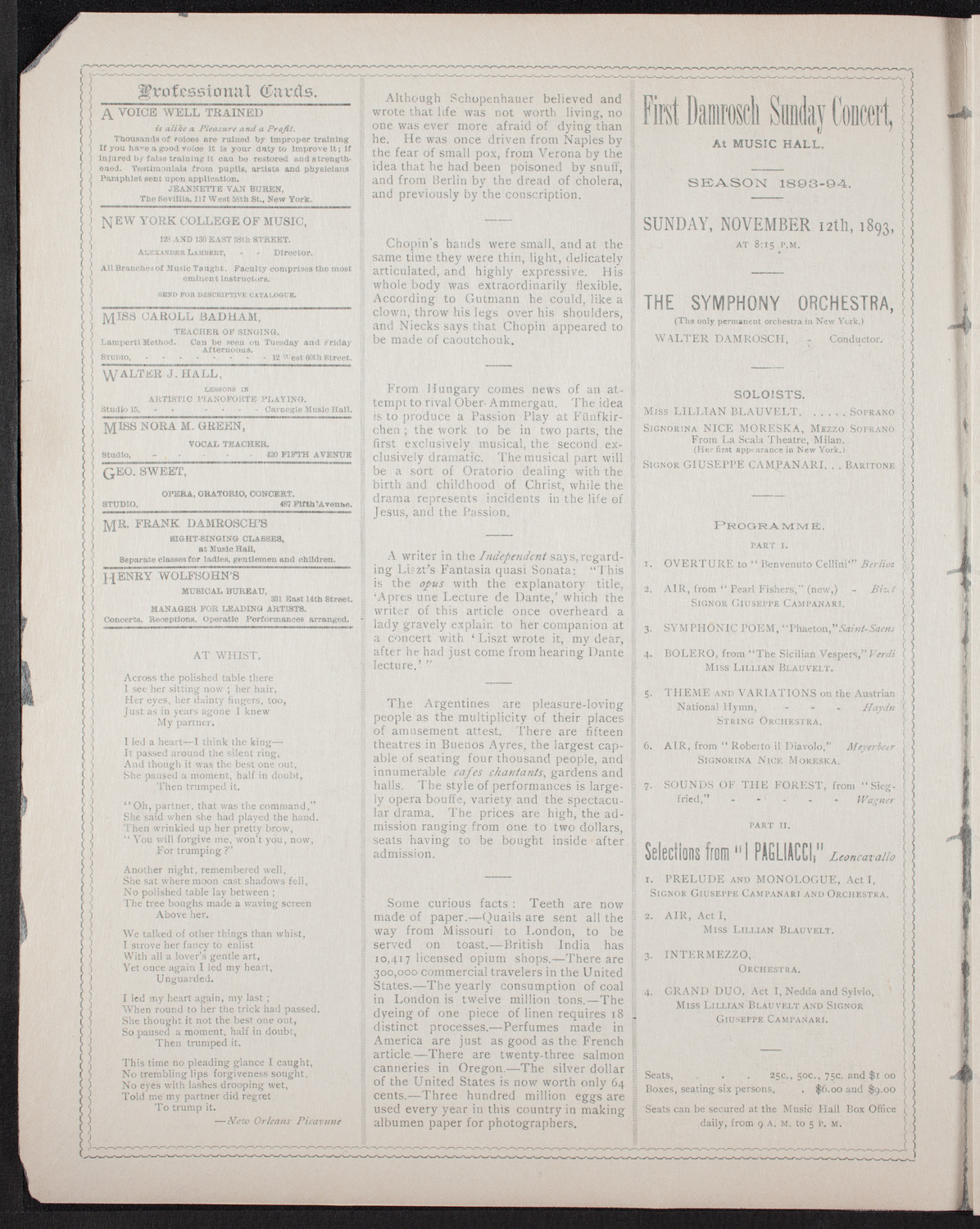 Boston Symphony Orchestra, November 8, 1893, program page 2