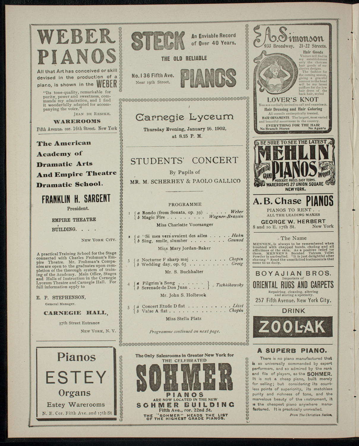 Students' Concert by Pupils of Max Julius Scherhey and Paolo Gallico, January 16, 1902, program page 2