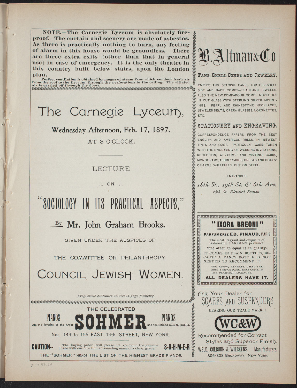 Lecture Series: Sociology in its Practical Aspects, February 17, 1897, program page 3