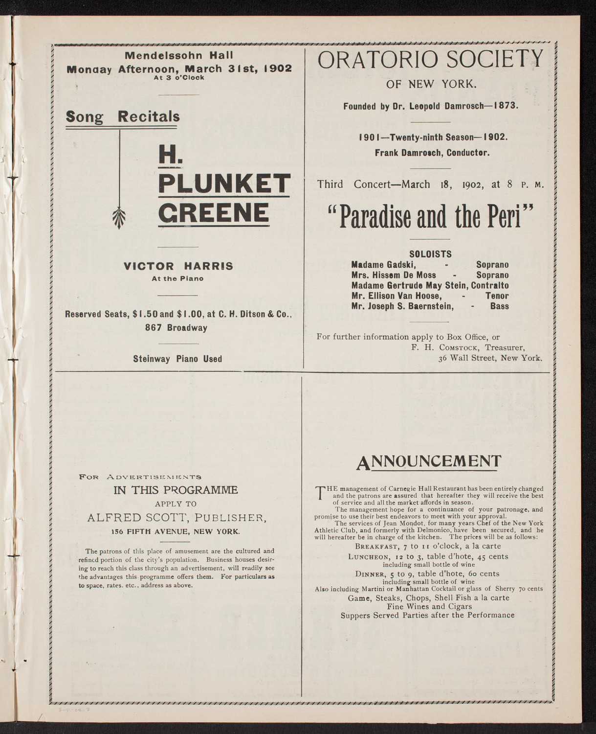 Wetzler Symphony Orchestra with Fritz Kreisler, March 11, 1902, program page 5