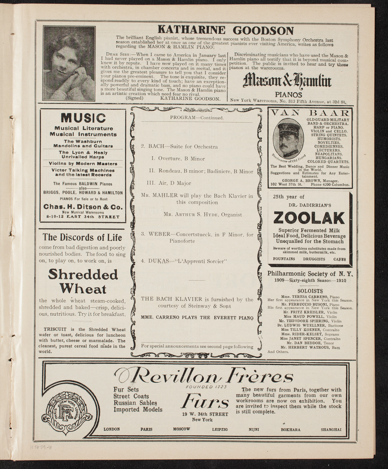 New York Philharmonic, November 26, 1909, program page 7