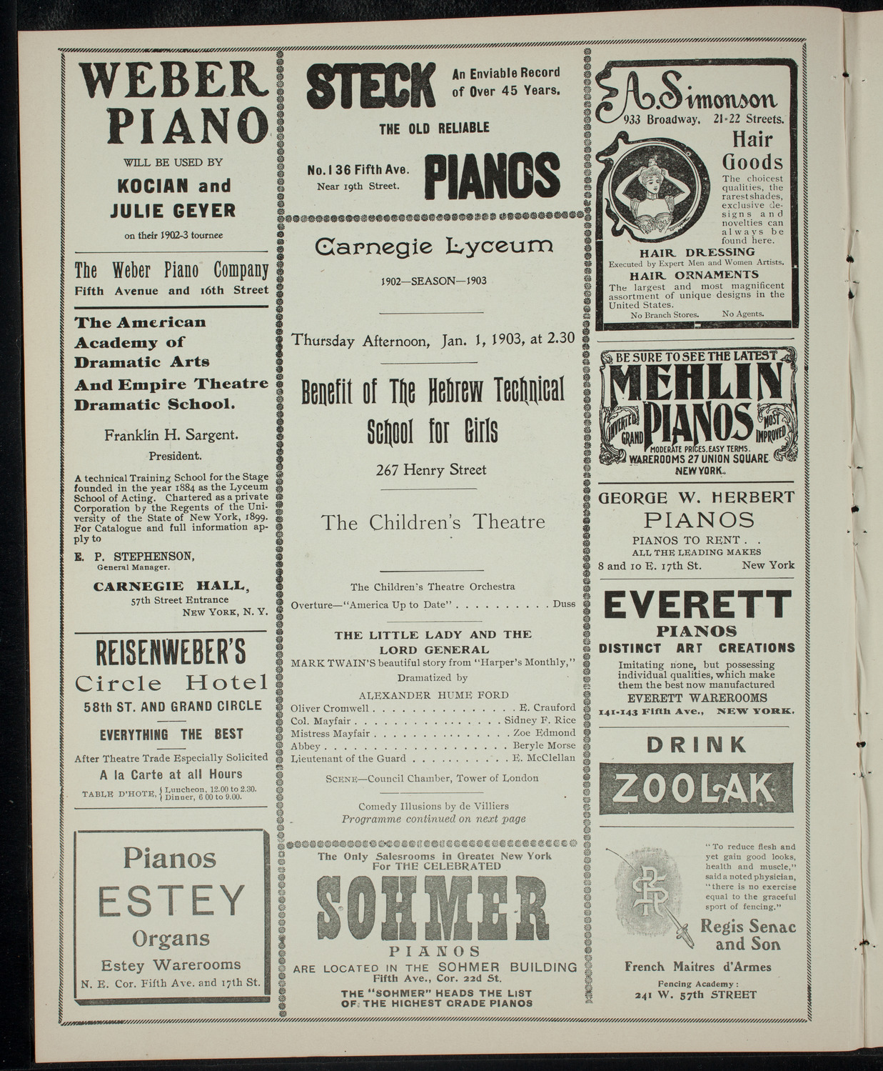 Benefit for the Hebrew Technical School for Girls by the Children's Theatre, January 1, 1903, program page 2