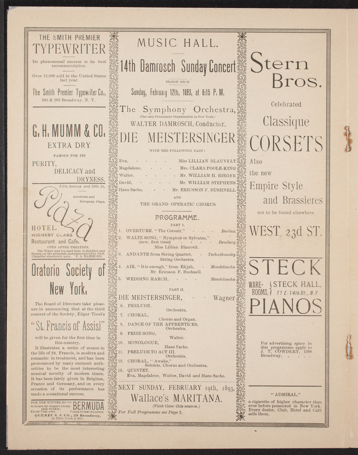 Damrosch Sunday Concert, February 12, 1893, program page 4