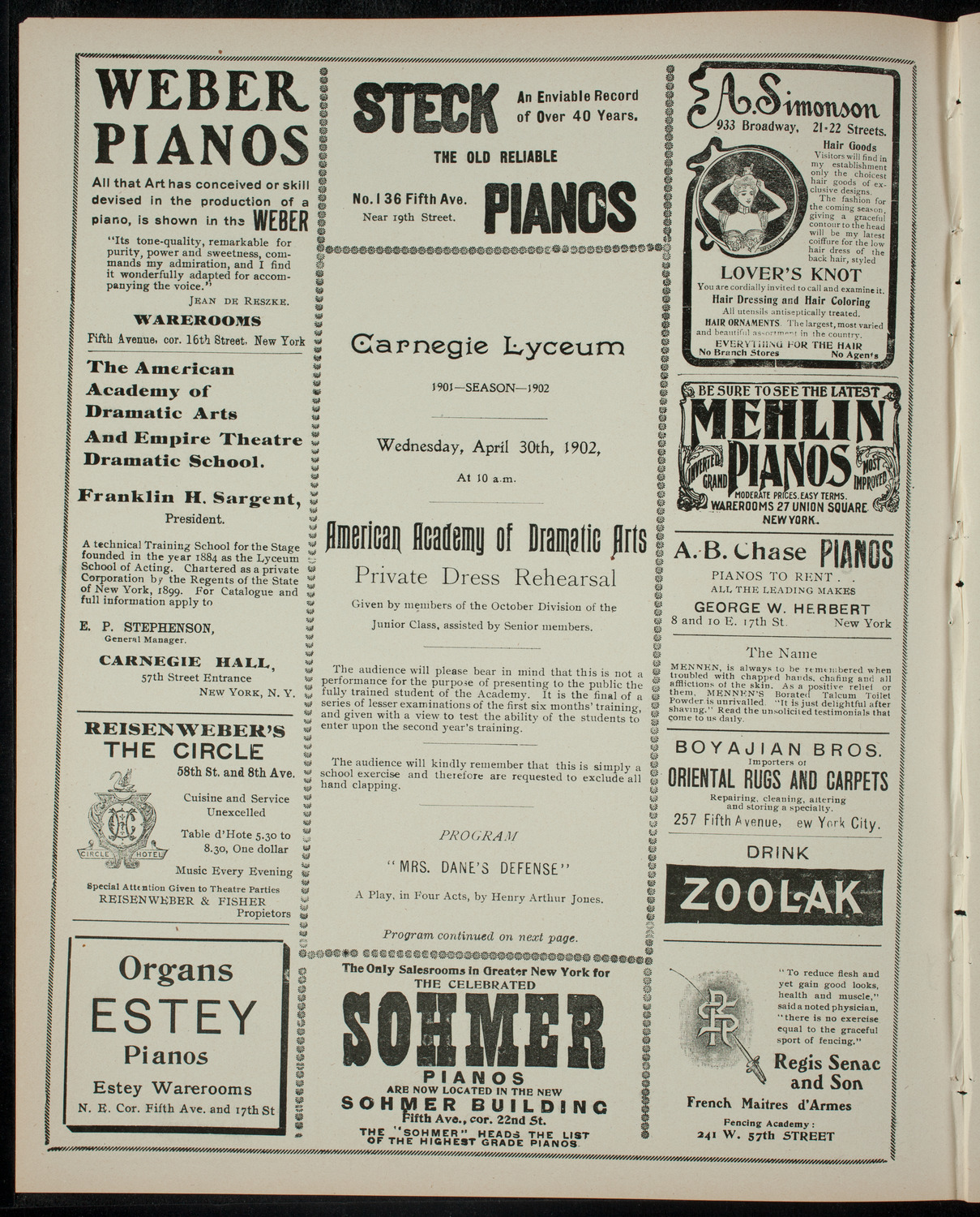 American Academy of the Dramatic Arts Private Dress Rehearsal, April 30, 1902, program page 2