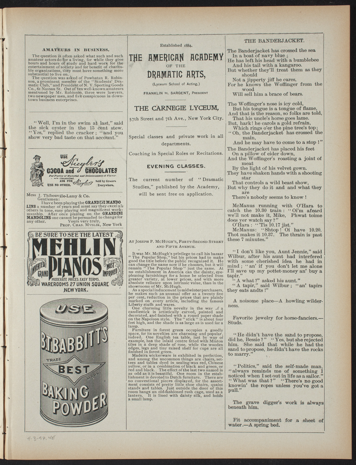 Columbia Institute Cadets, April 3, 1897, program page 7