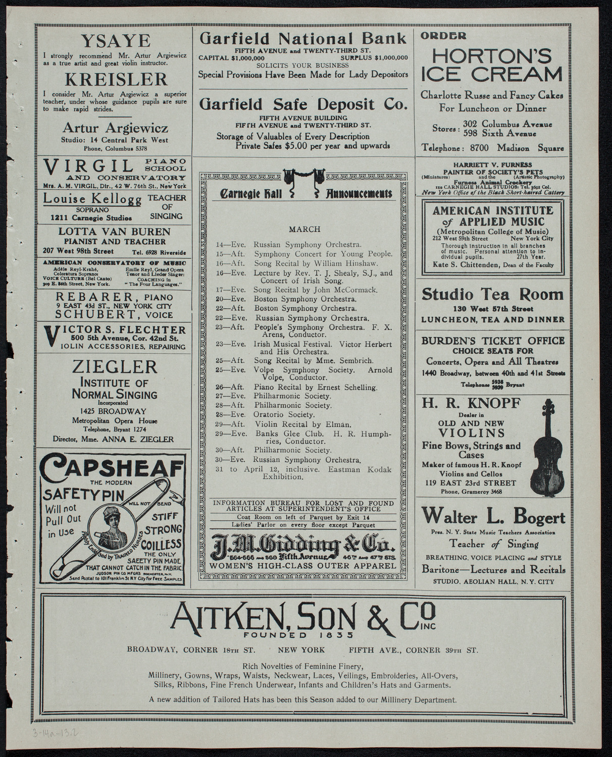 New York Philharmonic, March 14, 1913, program page 3