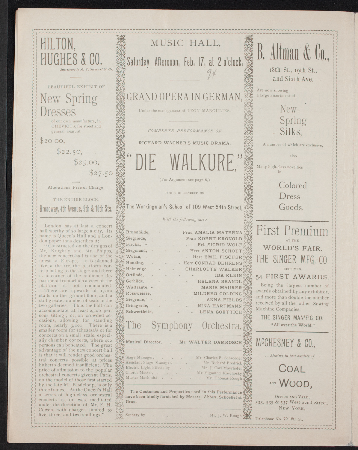 Grand Opera in German: Die Walküre, February 17, 1894, program page 4