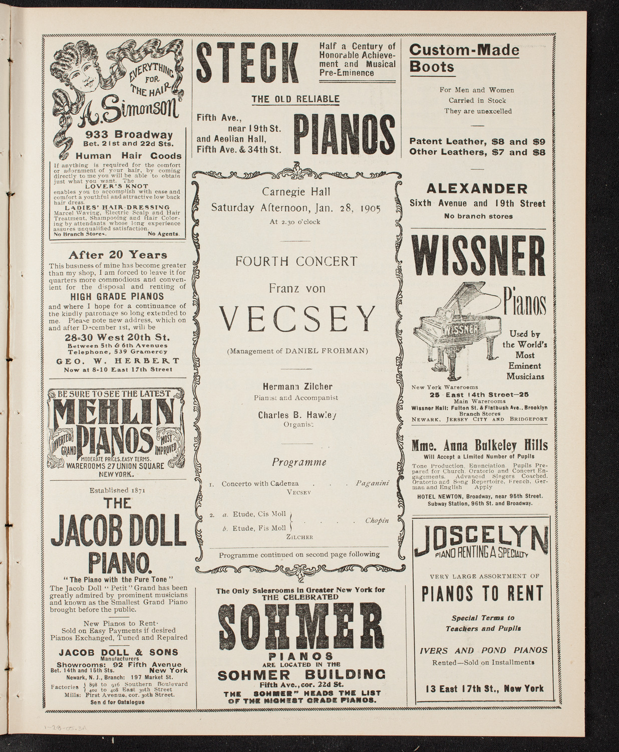 Franz von Vecsey, Violin, January 28, 1905, program page 5