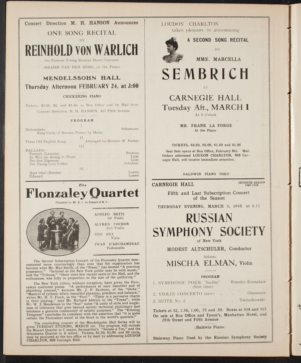 New York Philharmonic, February 18, 1910, program page 10