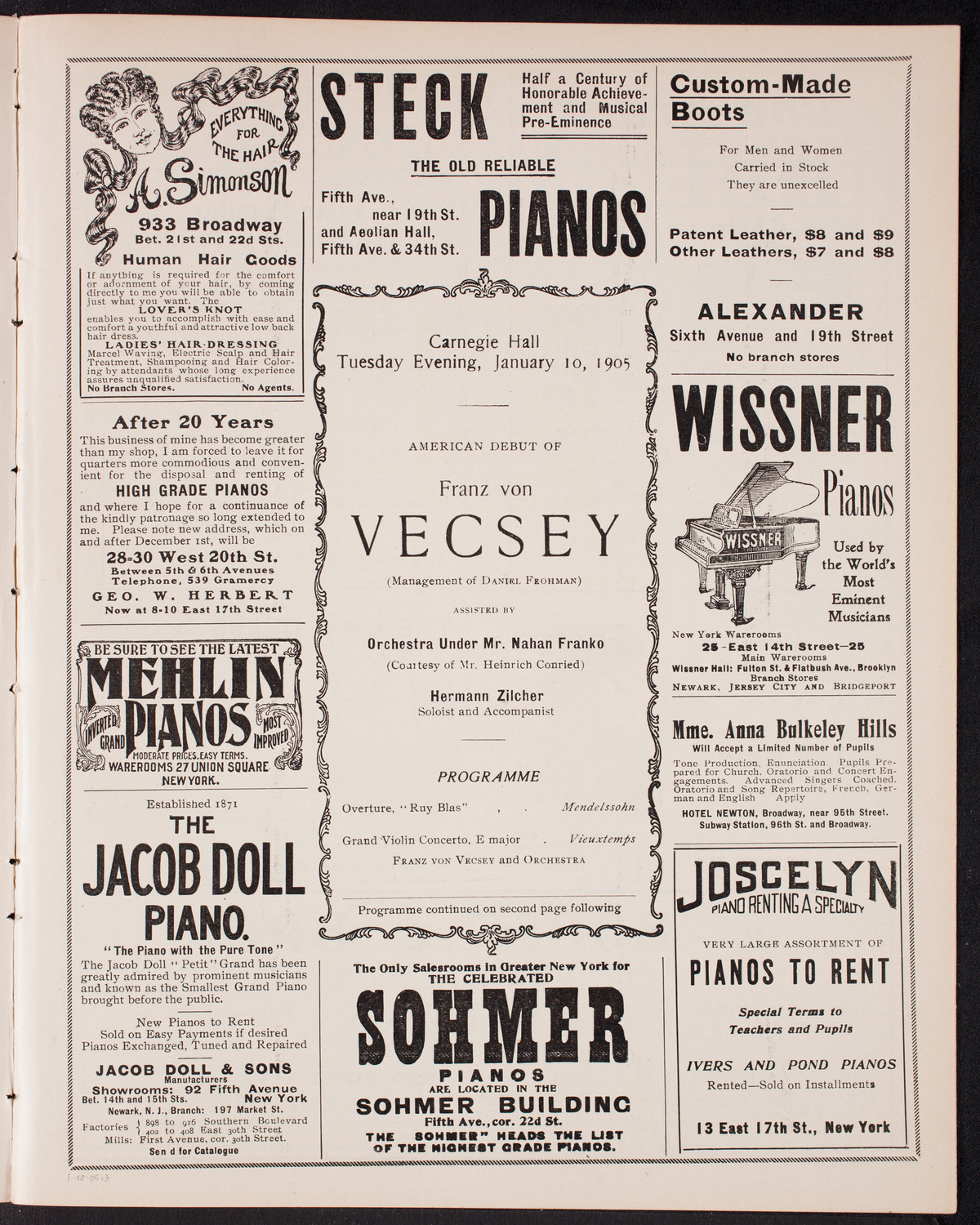 Franz von Vecsey, Violin, January 10, 1905, program page 5