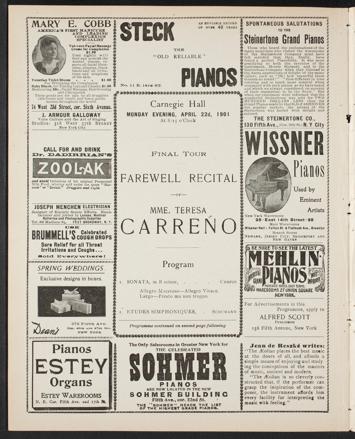 Teresa Carreño, Piano, April 22, 1901, program page 4