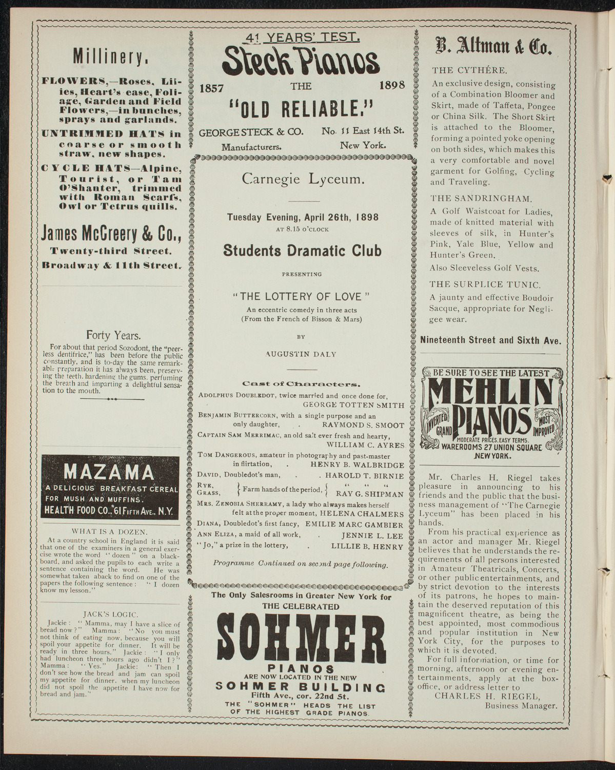Students Dramatic Club, April 26, 1898, program page 4