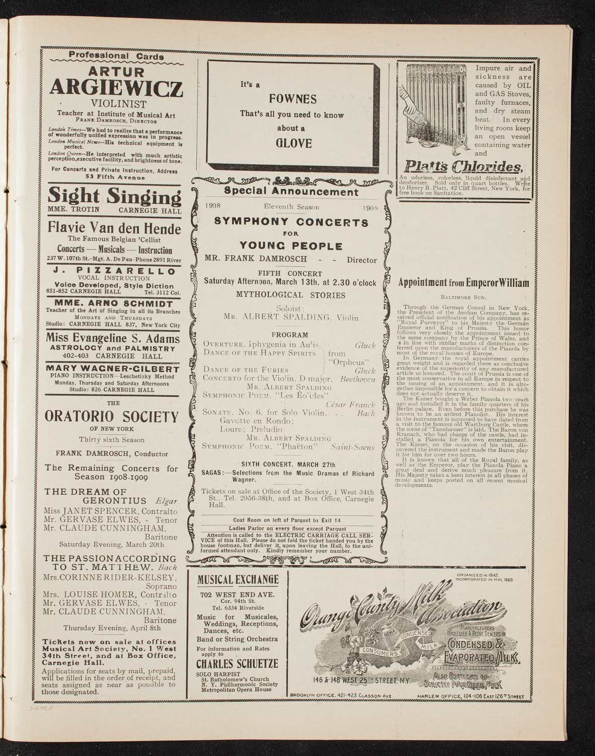 New York Philharmonic, March 6, 1909, program page 9