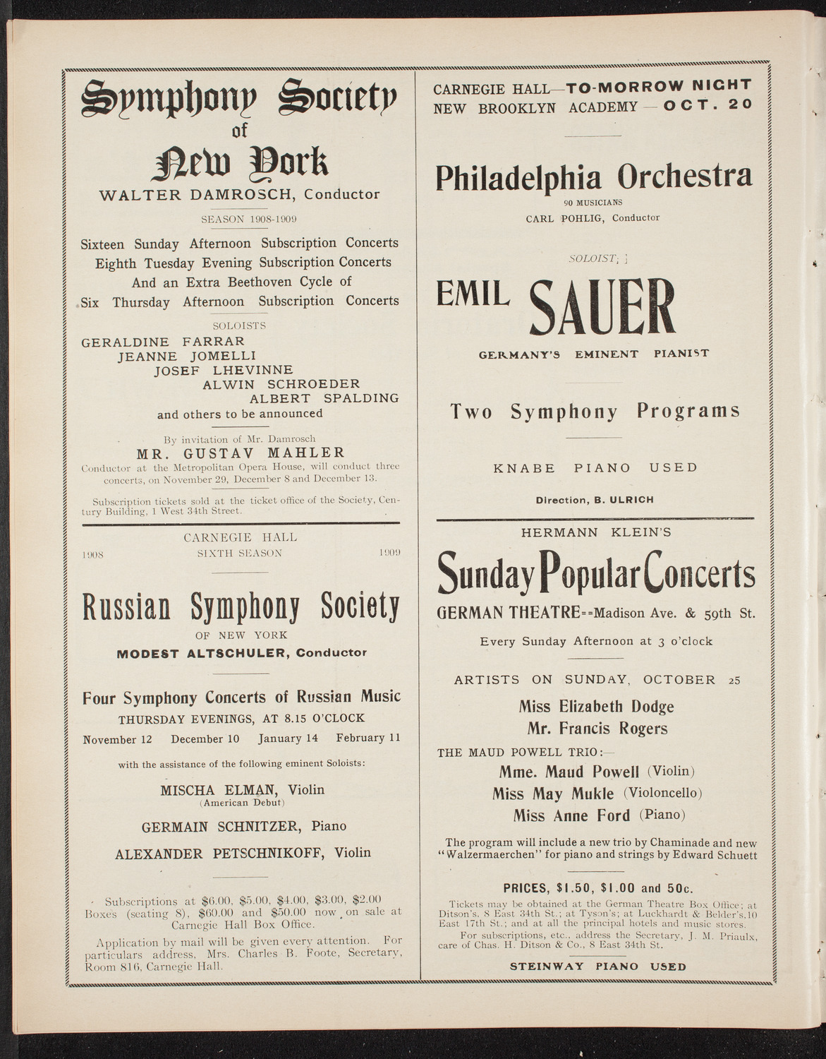 New York College of Music and New York German Conservatory of Music Faculty Concert, October 18, 1908, program page 10