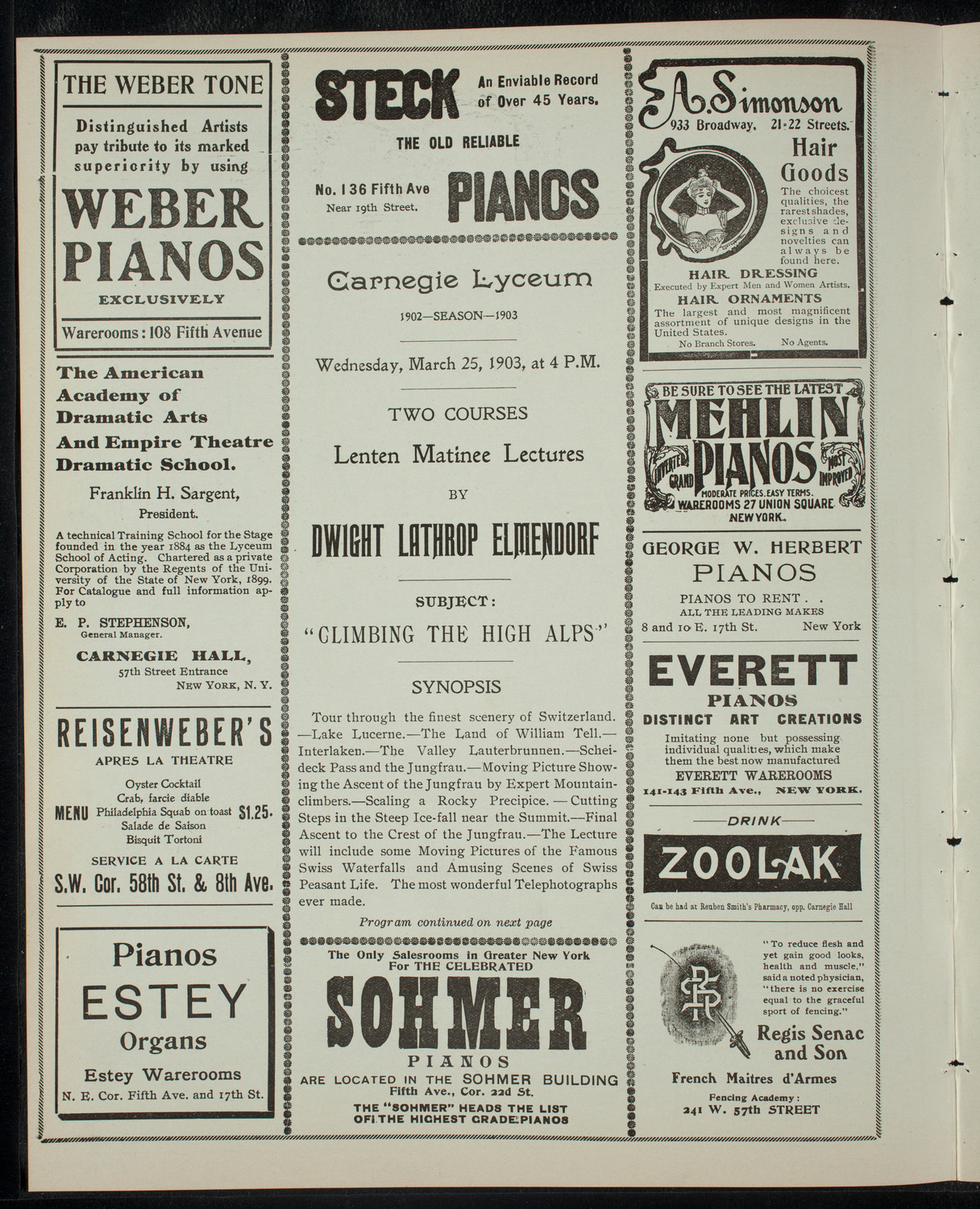 Elmendorf Lecture: Climbing the High Alps, March 25, 1903, program page 2