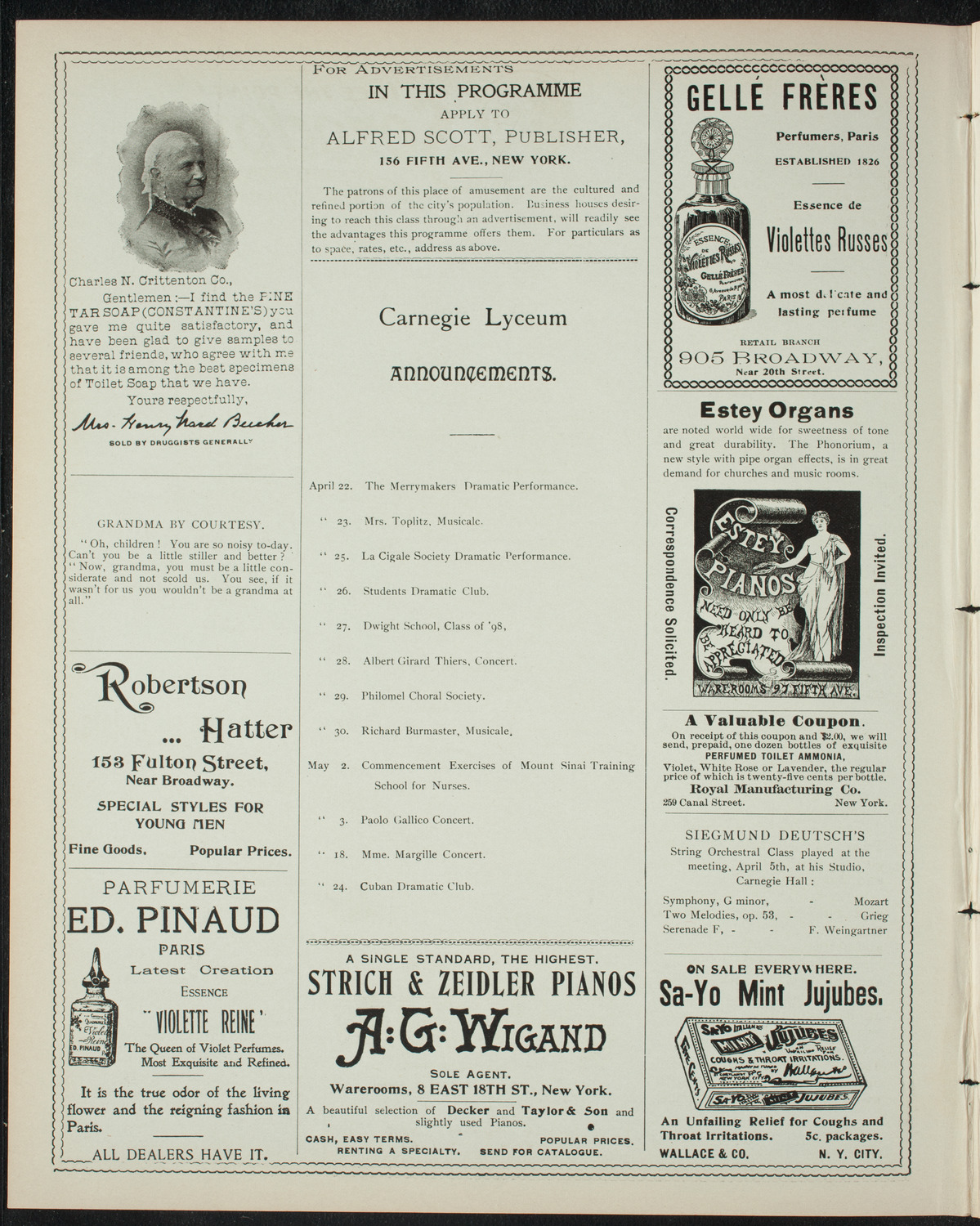 Veltin Alumni "Song Folio", April 21, 1898, program page 2