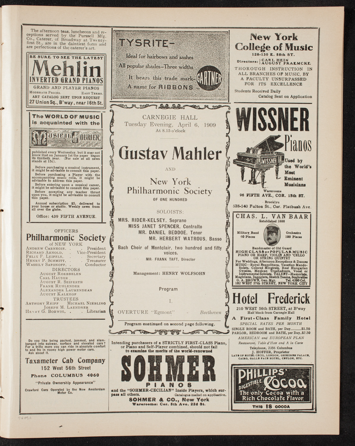Gustav Mahler and New York Philharmonic, April 6, 1909, program page 5