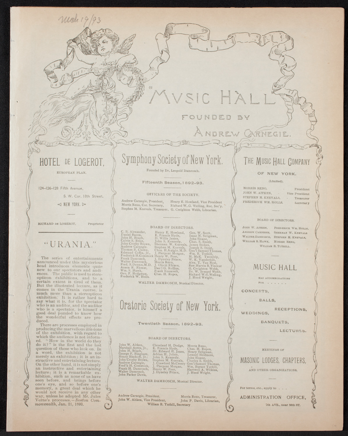 Damrosch Sunday Concert, March 19, 1893, program page 1