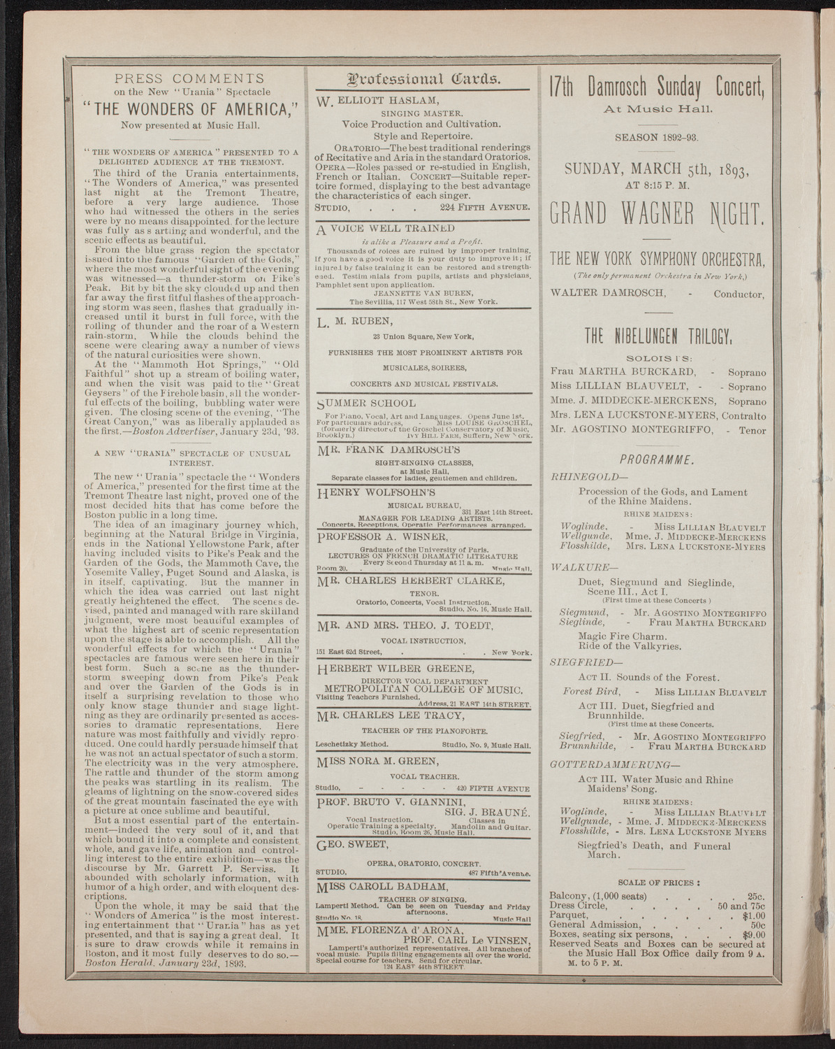 New York Symphony Orchestra: Grand Wagner Matinee, March 2, 1893, program page 2